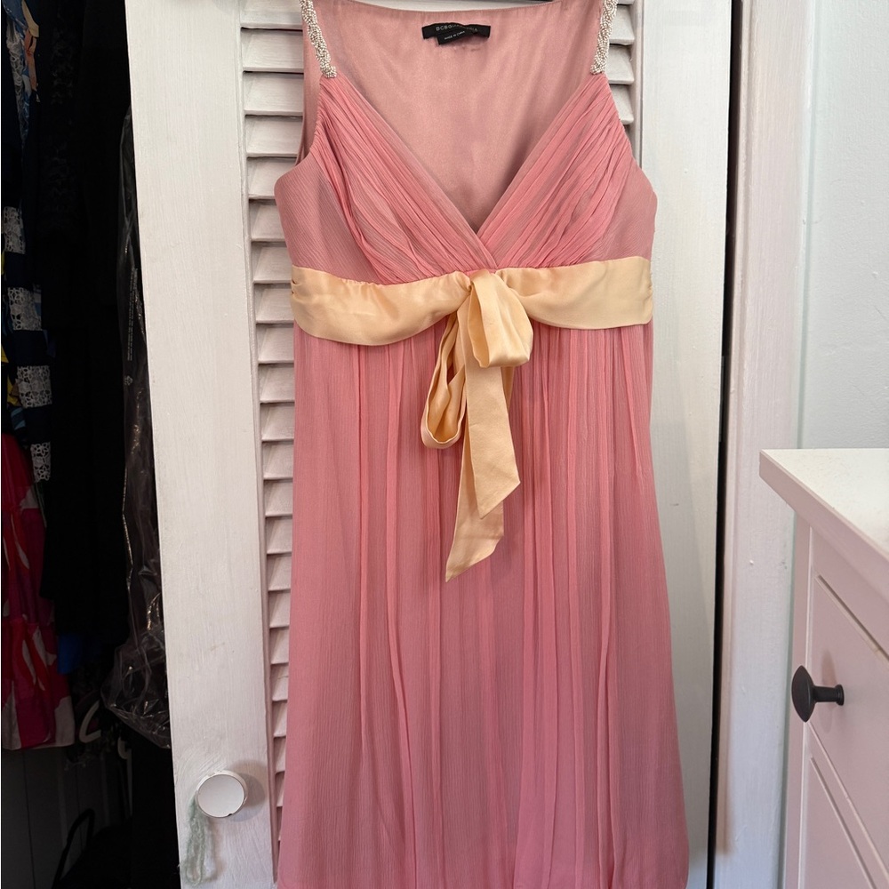 BCBGMaxAzria Blush Pink SILK Midi Dress with Silk Gold Tie